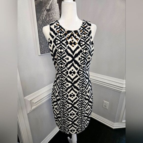 Belle BADGLEY MISCHKA Ikat Scuba Sheath Dress, Black Ivory - Picture 1 of 8